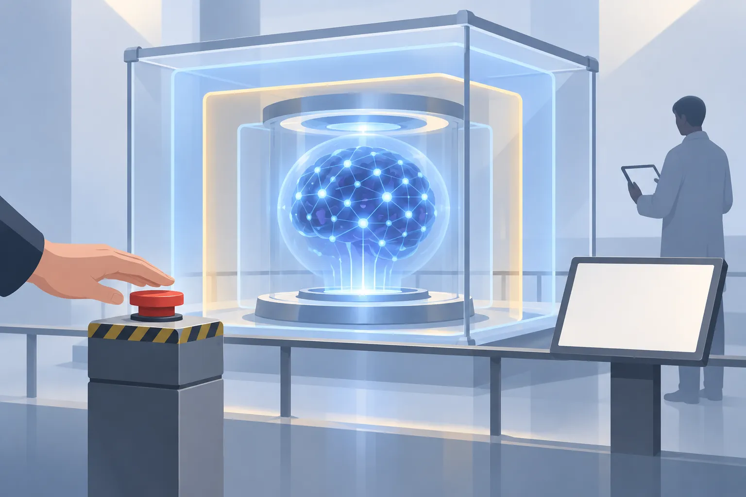 Abstract AI core in an isolated enclosure with layered boundaries, an inspection panel and a human stop control