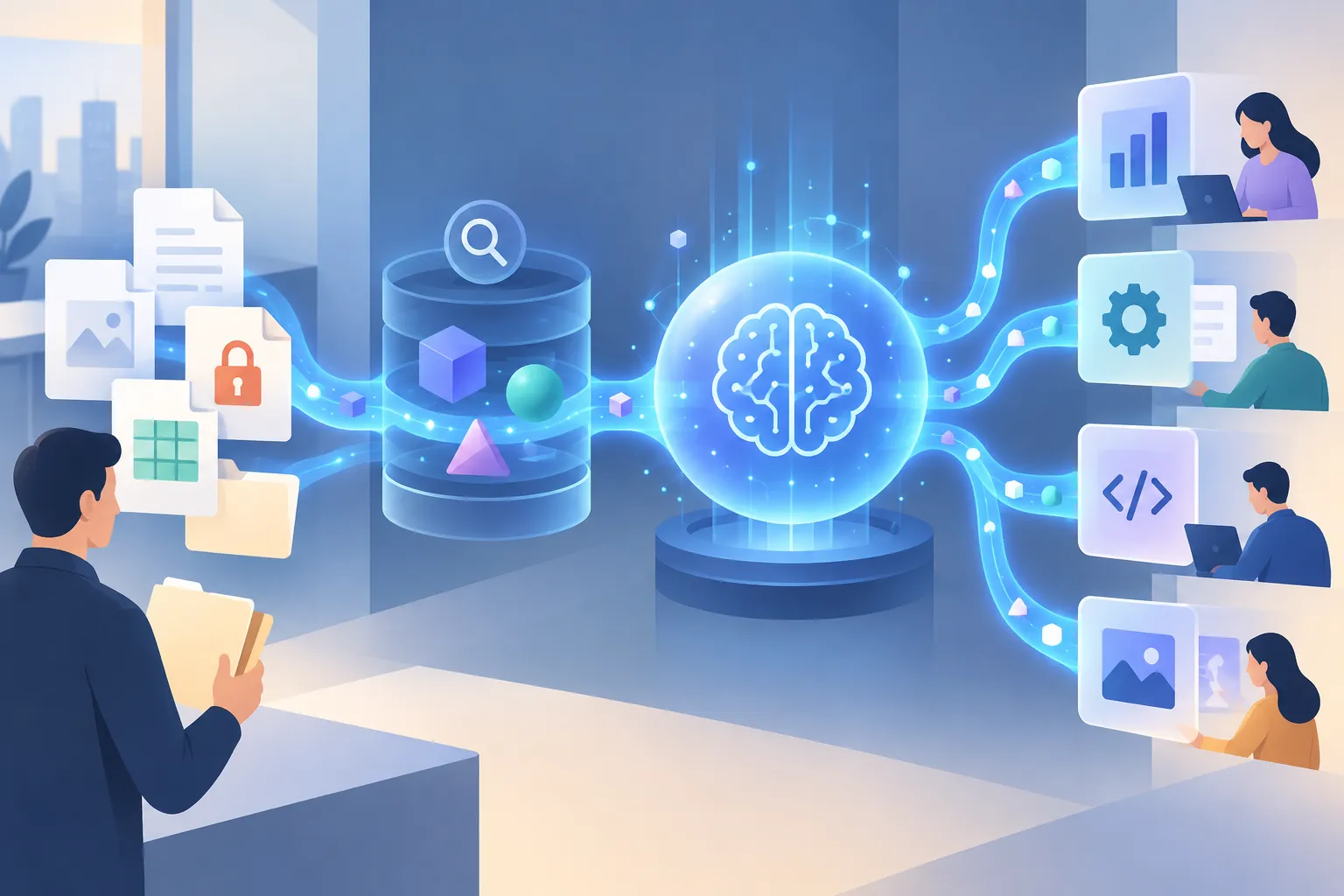One glowing data thread passes from confidential documents through a vector store, AI core and connected tools.