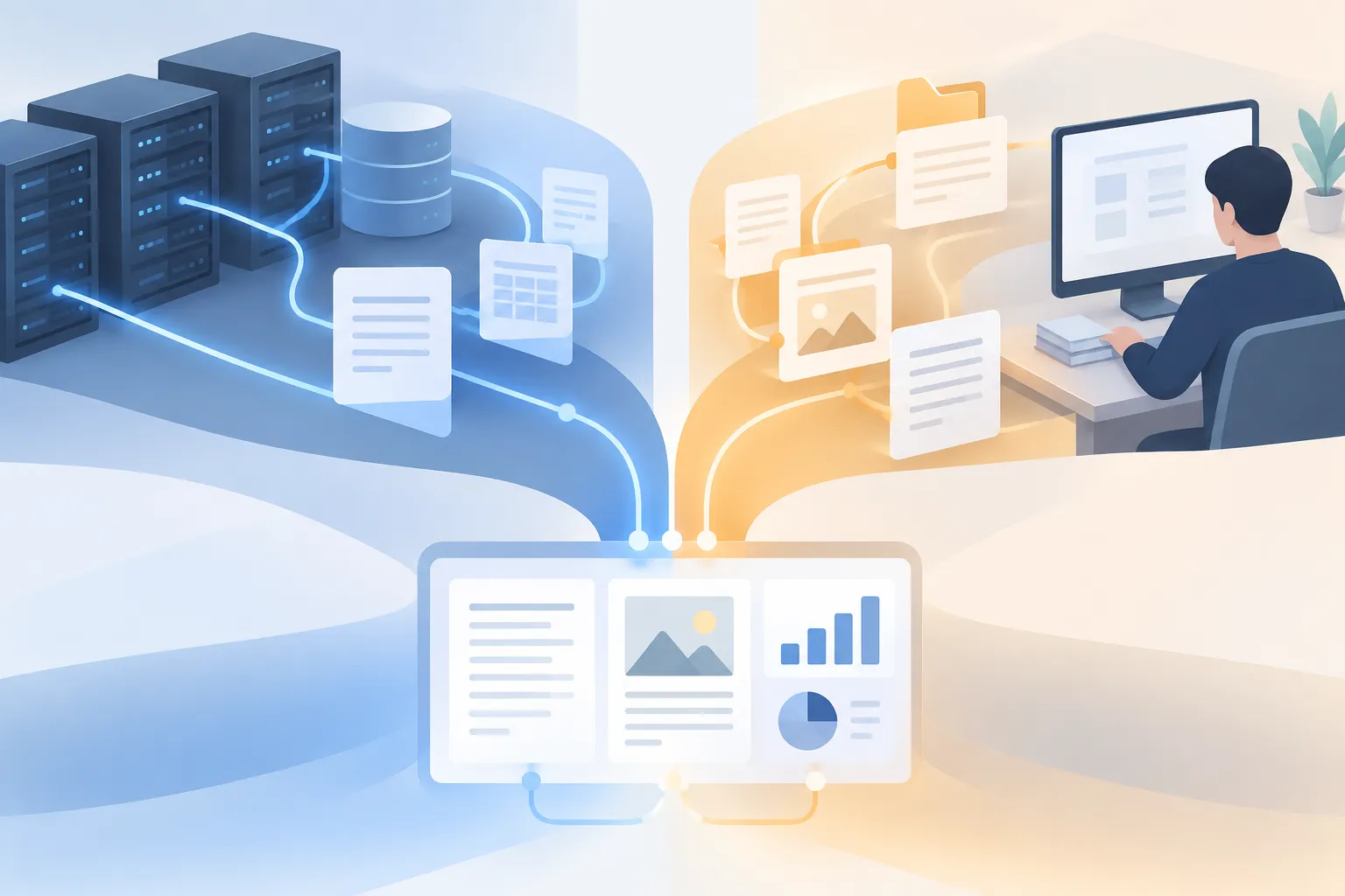Server data flows and employee document activity converge into a shared view of related files.