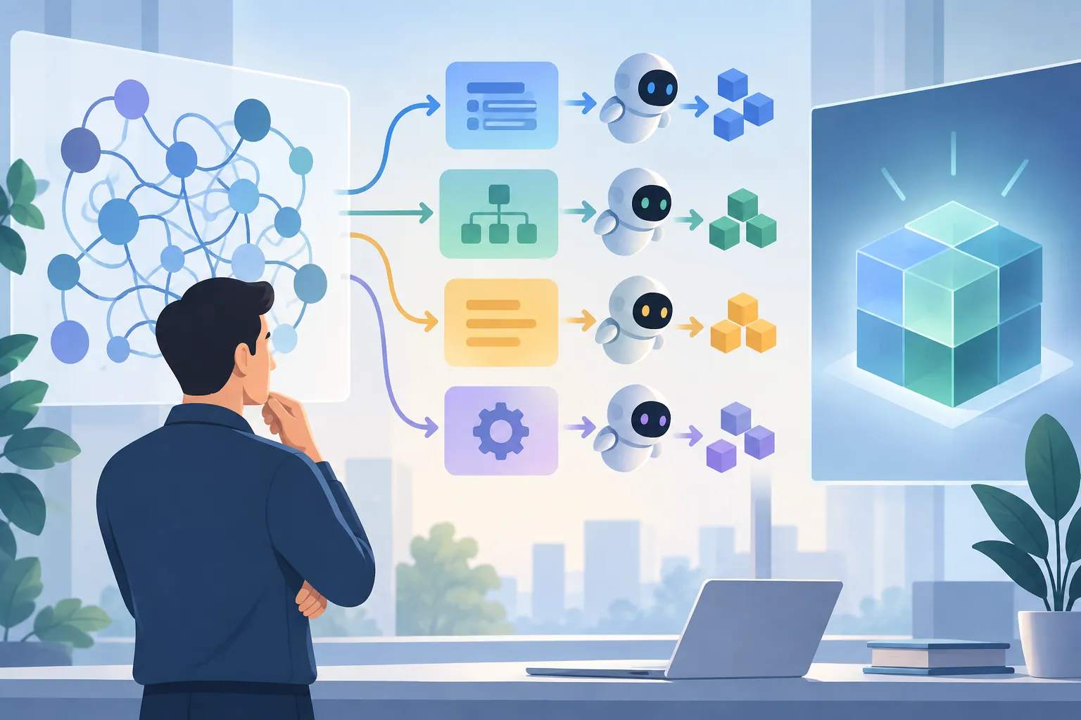 An engineer divides a software plan into separate workstreams and inspects the result of abstract AI nodes.