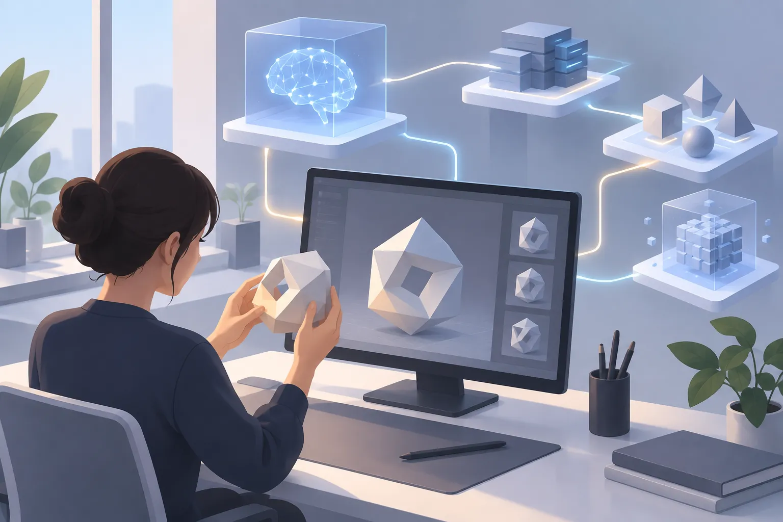 A human operator reviews a geometric object in a three-dimensional workspace linked to abstract AI nodes.