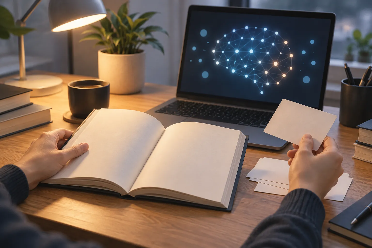 Hands compare an unmarked book and reference cards beside a computer with abstract connected dots