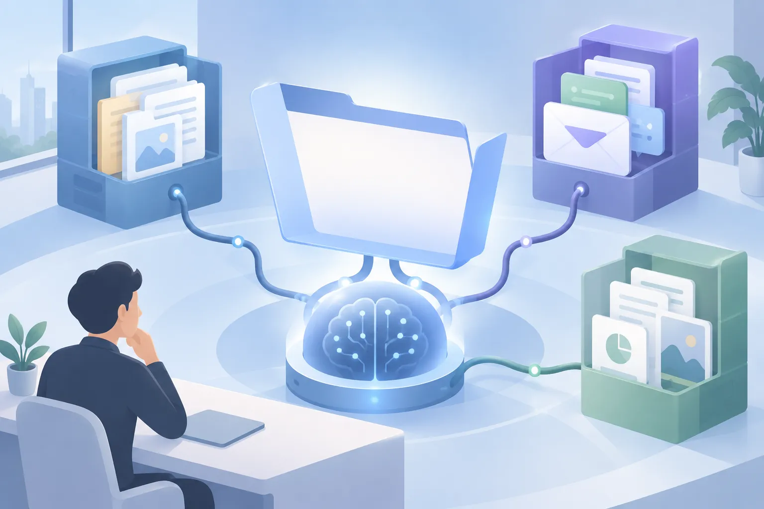An abstract AI workspace holds a blank instruction folder, with cables leading to document and message stores.