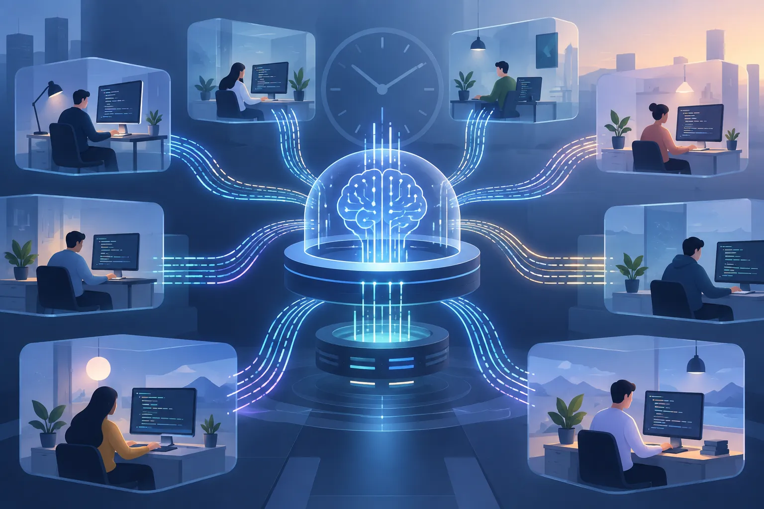 Many isolated coding workspaces send abstract streams toward one operating system core beside a subtle clock
