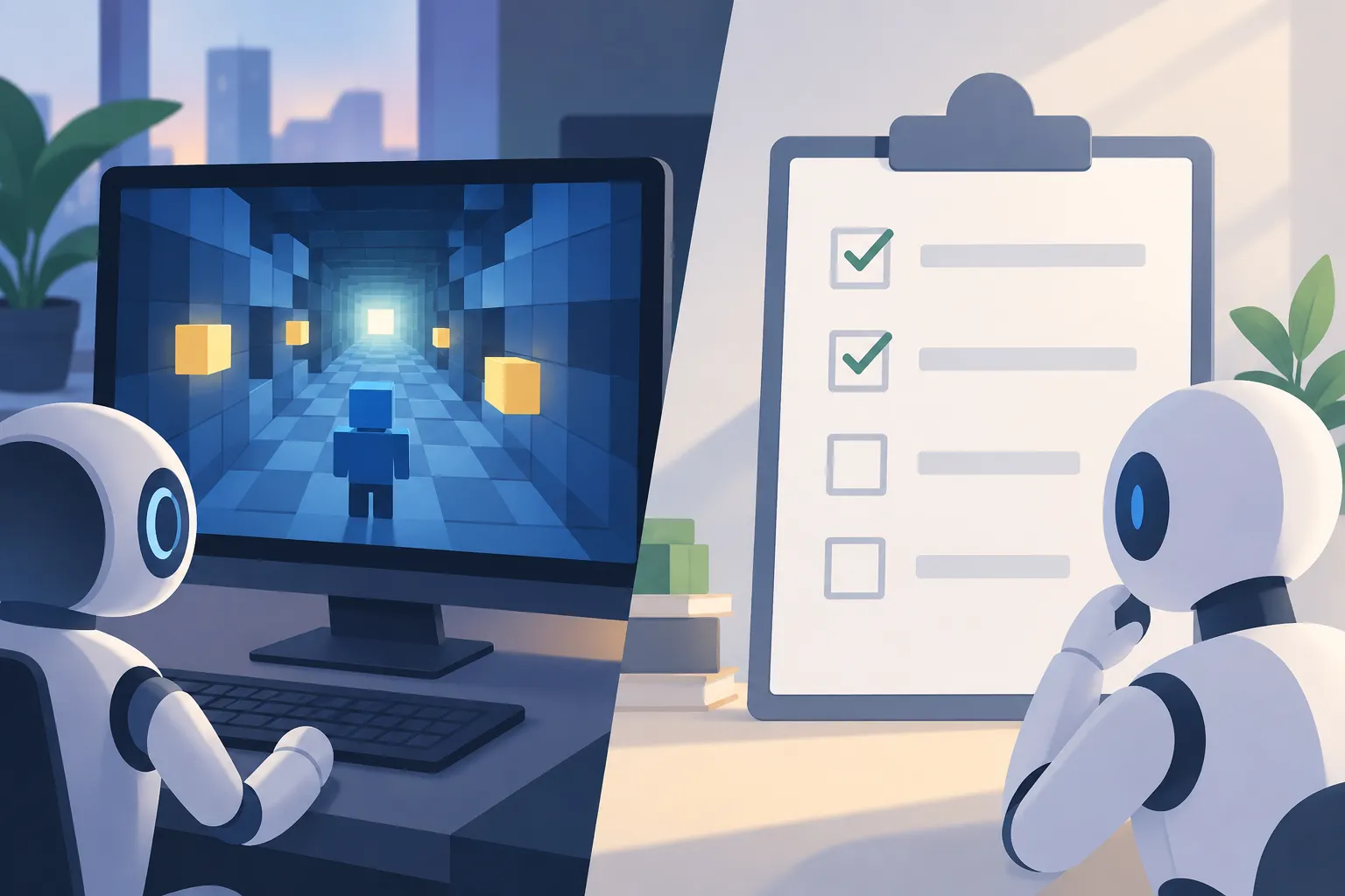 A computer runs an abstract pixel-style corridor beside a checklist of empty geometric shapes