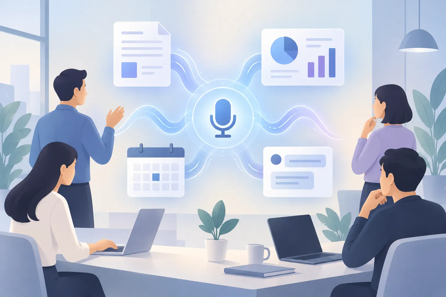 A microphone connects abstract document, presentation, calendar, and message cards through soft audio waves.