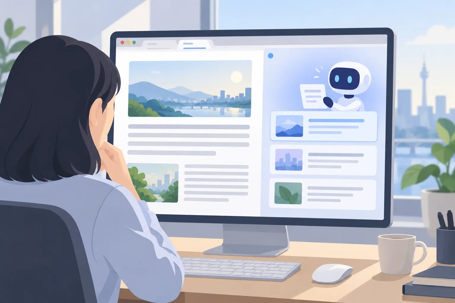 An abstract article sits beside a browser assistant panel with selected tabs and several draft content cards.