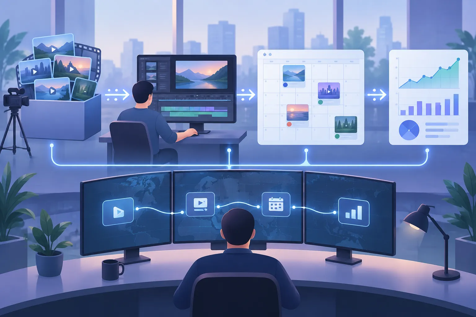 Raw video passes through an editing station, publishing calendar, and analytics area under workflow monitoring