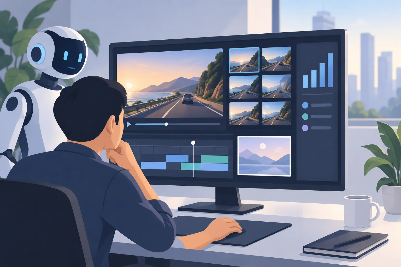 An unlabeled player with road footage, frame thumbnails, a separate image tile, and an analytics panel