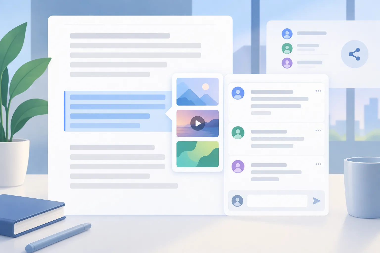 Document workspace with a contextual comment panel, media thumbnails and a separate sharing area