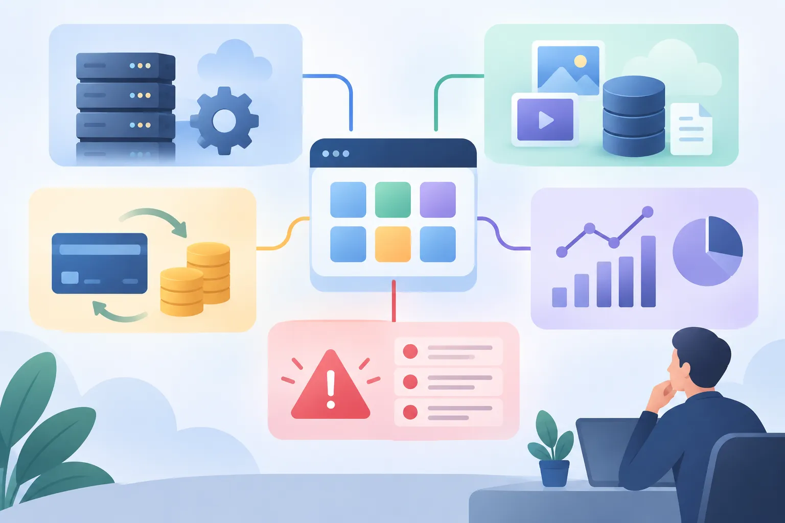 Central application linked to separate areas for background jobs, file storage, payments, analytics and alerts