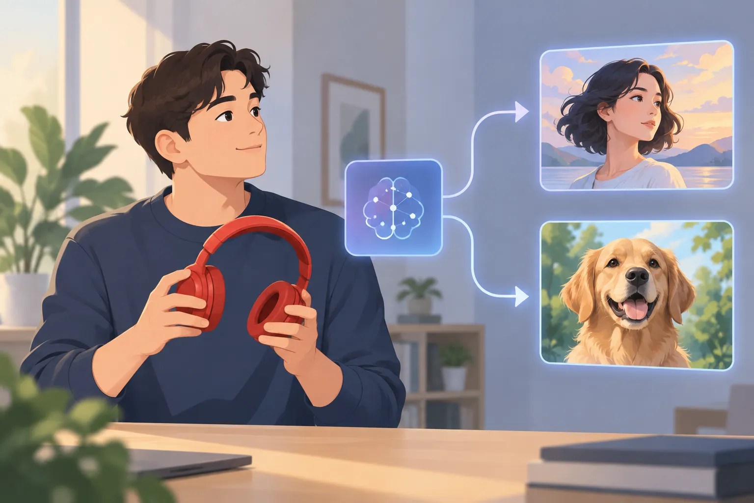 A fictional man holds red headphones beside a branching node graph with two different portrait outputs