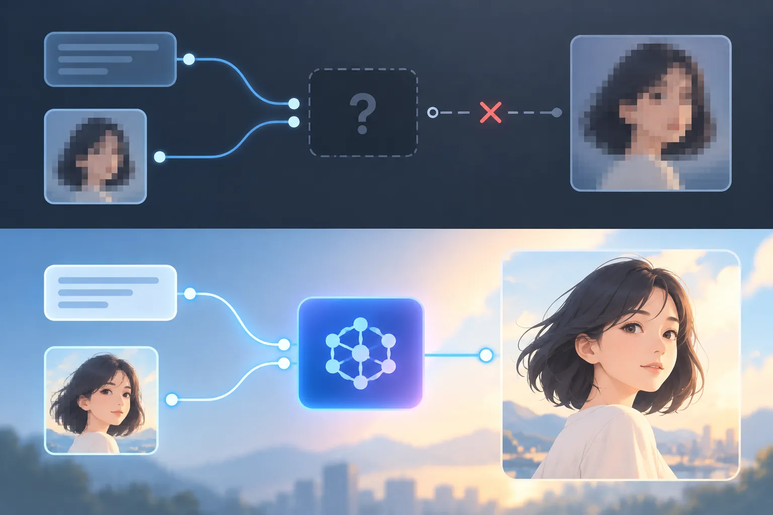 An incomplete node graph with a missing model transitions into a connected graph and a sharper portrait