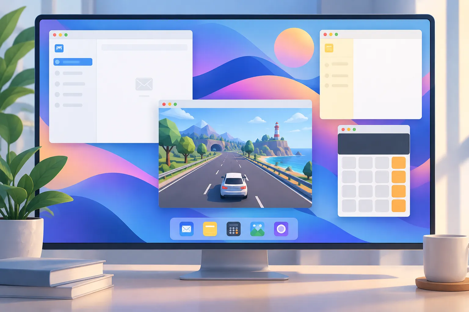 Blank browser mail, notes, and calculator panels beside a low-poly driving game and abstract wallpaper