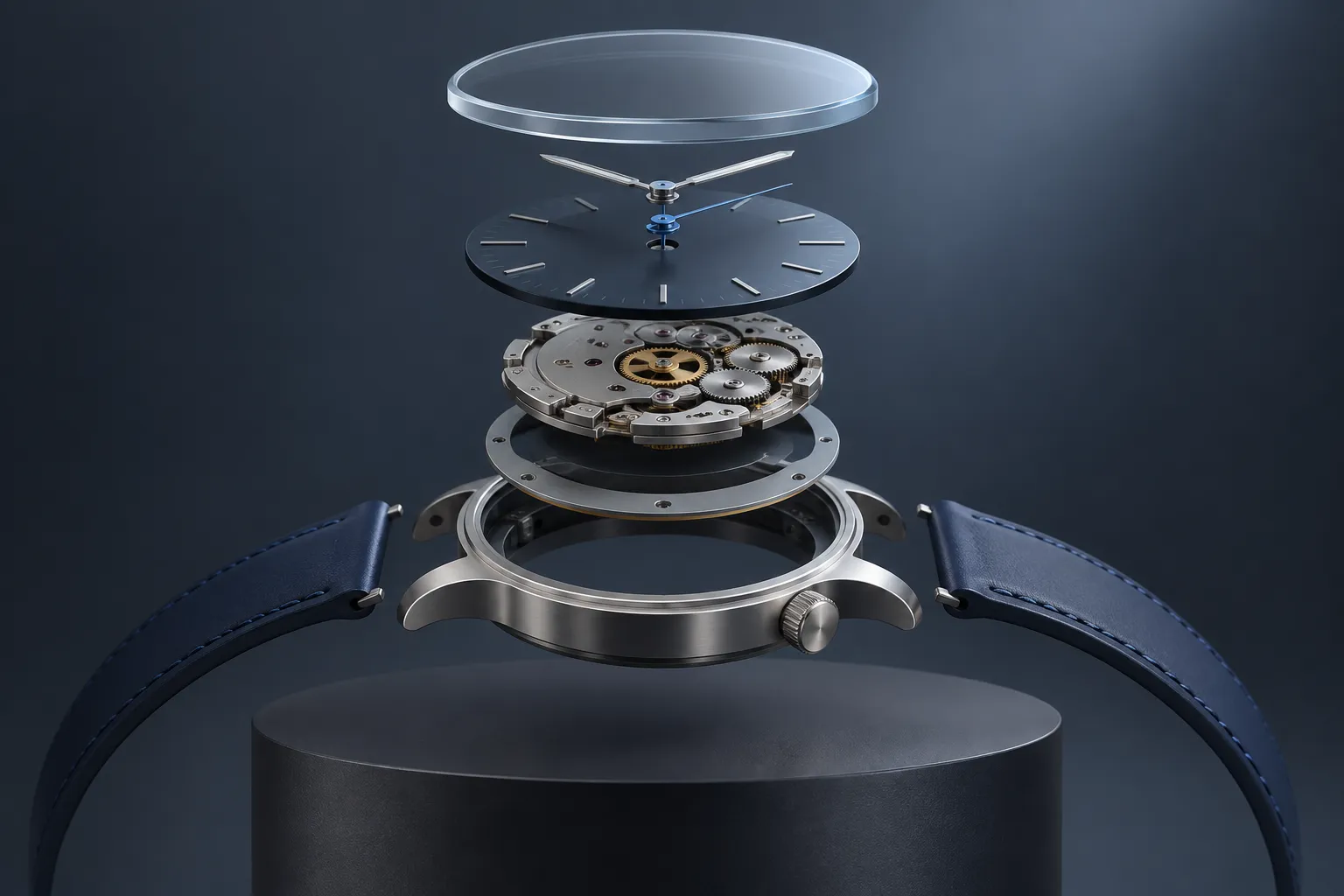 Separated layers of a generic three-dimensional watch above a dark pedestal, including face, hands, and lens