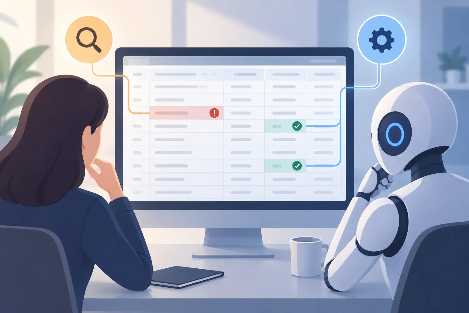 An abstract expense ledger with blank rows and colored review marks, checked by two parallel workflow paths.