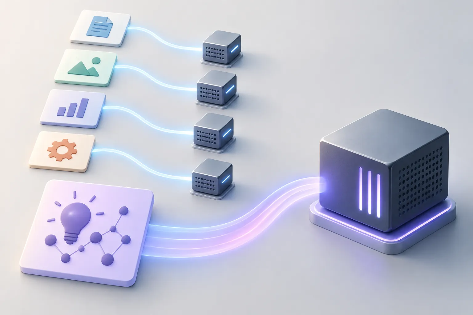 Simple task tiles branch toward small computing modules as a design tile heads toward a larger one