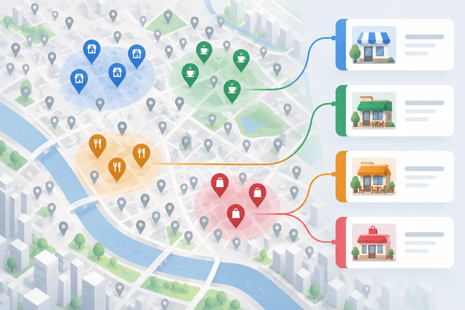 Business markers on an abstract city map form colored groups, with selected markers becoming contact cards
