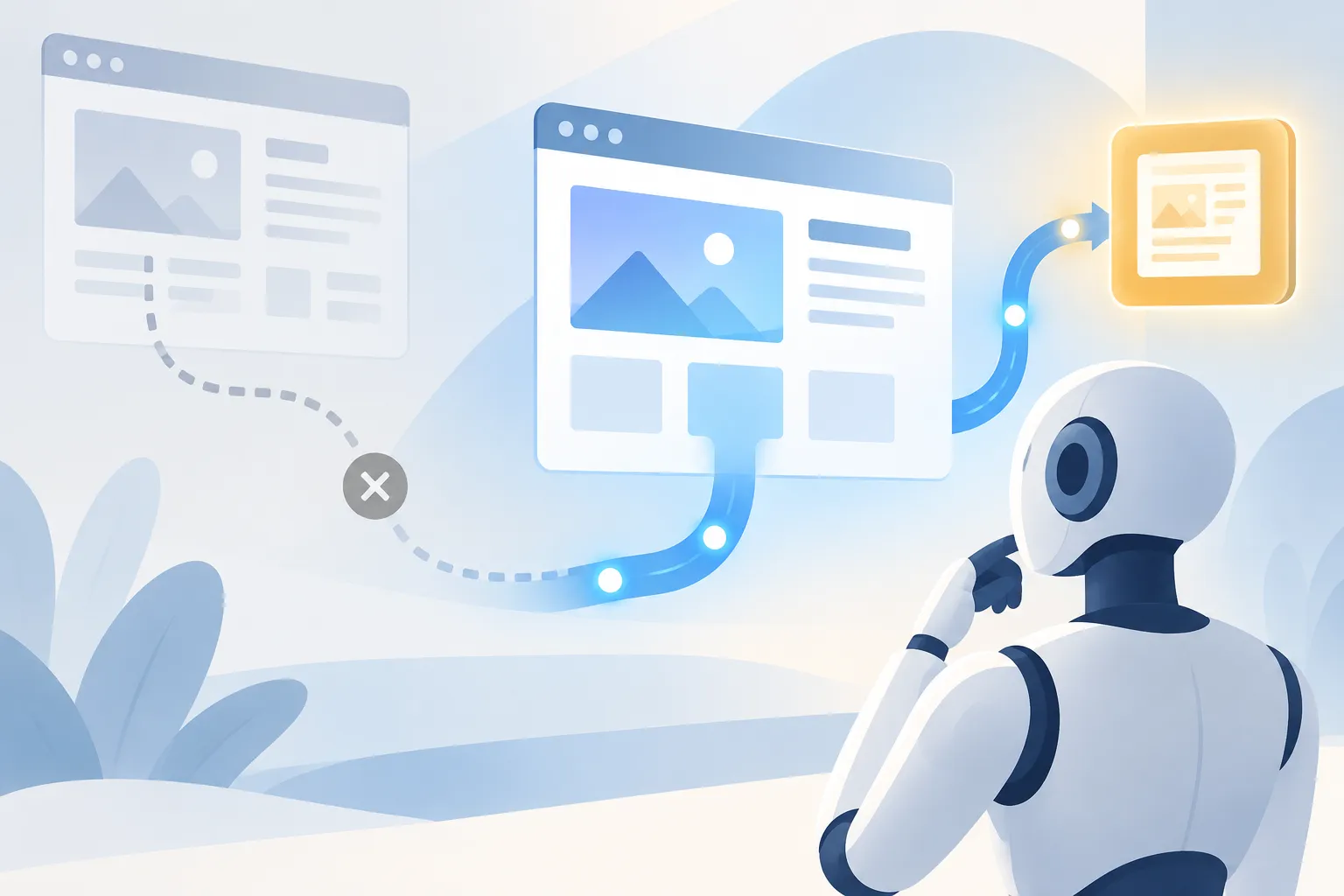 A saved browser route fades beside a changed page layout while a checked replacement path reconnects to memory