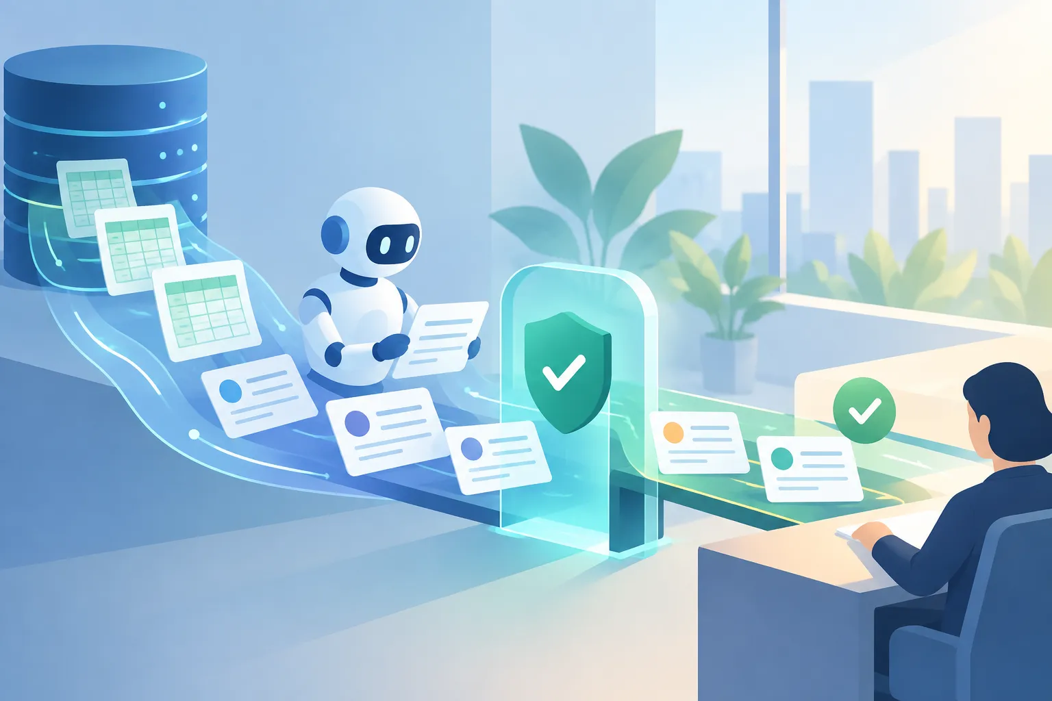 Anonymous business records move into a spreadsheet while draft messages pass through a separate verification checkpoint