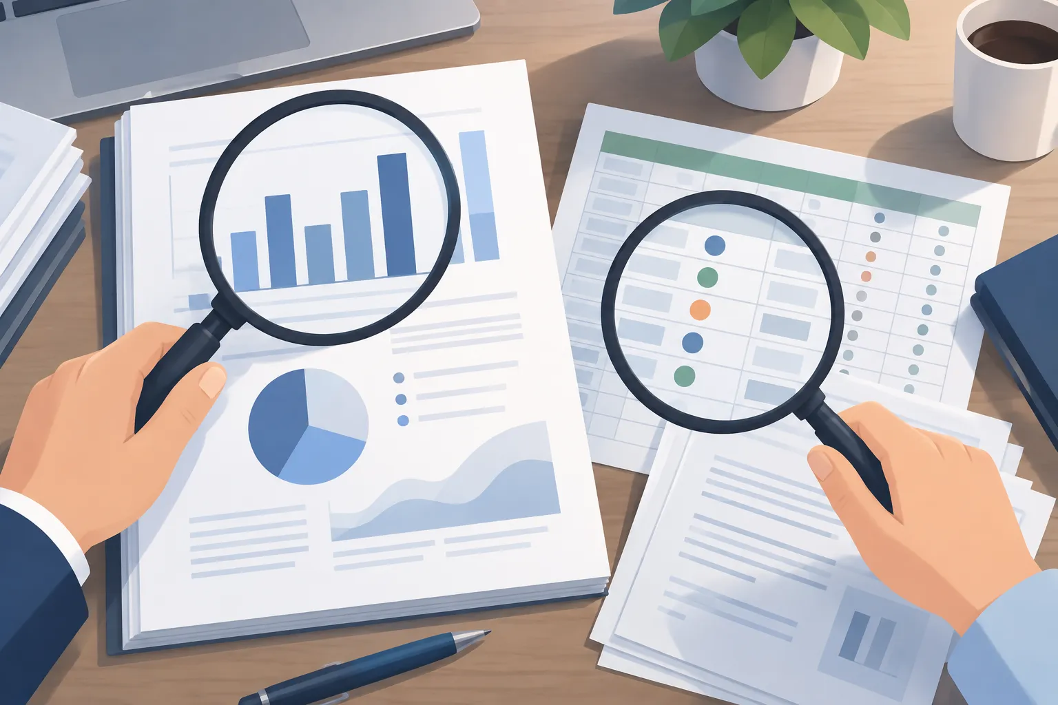 A report and spreadsheet sit beneath separate lenses for inspecting visual layout and comparing figures with source documents