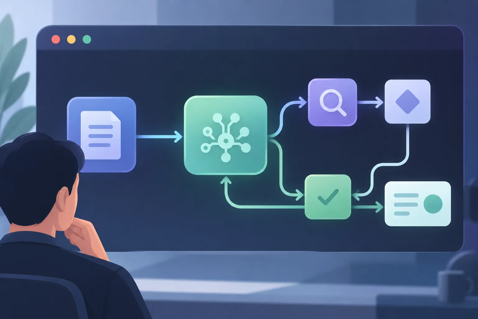 Modular workflow with a main task path, a separate review branch, and a compact result returning to the interface