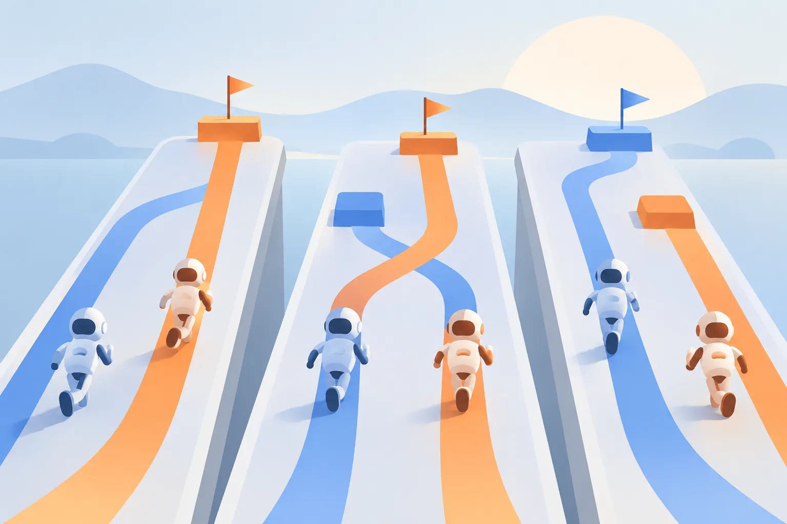 Three software testing lanes show two colored paths changing their relative finishing positions across tests