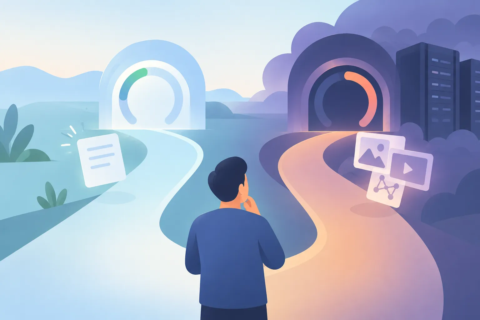 A lightweight task and a resource-intensive task follow separate paths to distinct abstract usage meters