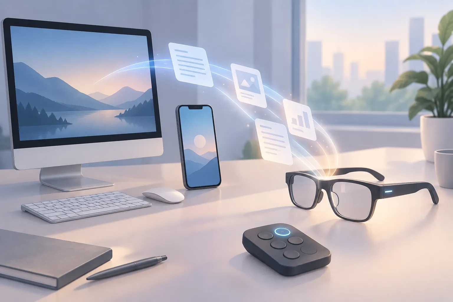 Desktop computer, smartphone, smart glasses and handheld button pad connected by soft flowing light