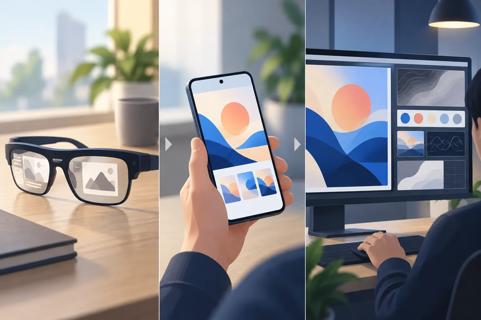 Smart glasses, phone and desktop monitor displaying increasingly detailed abstract visual content