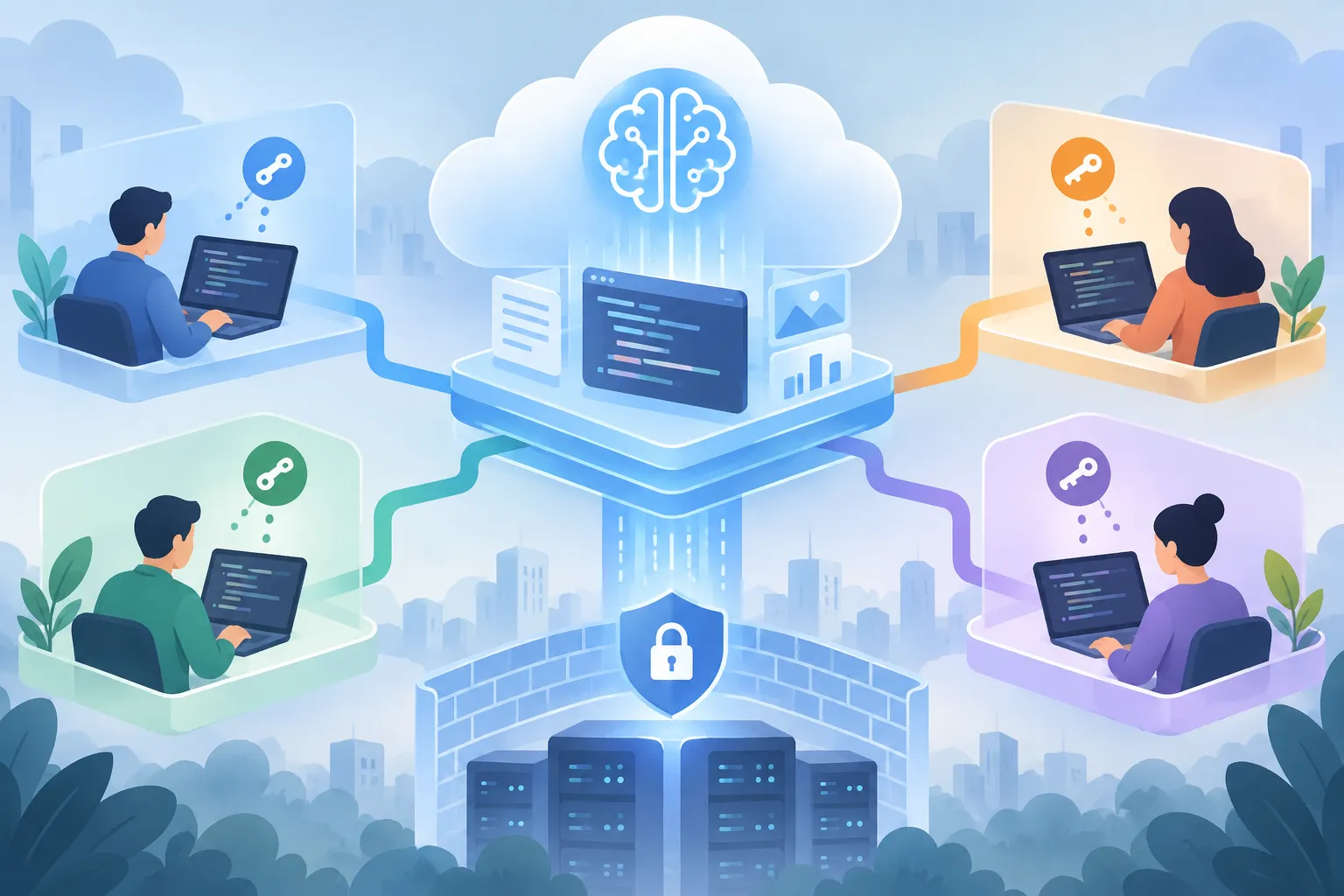 A shared cloud workspace branches into task spaces with private keys and a guarded network boundary