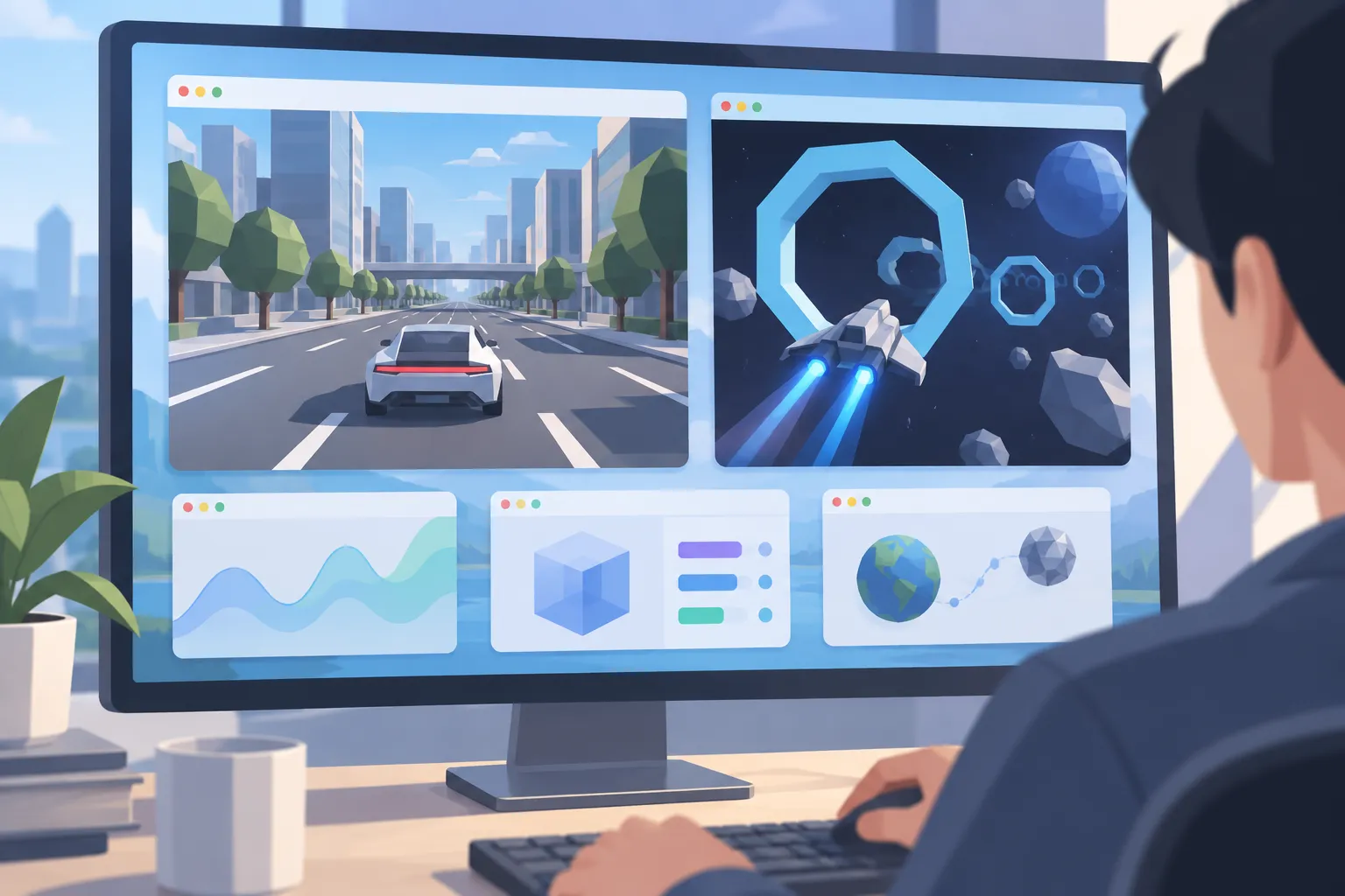 Close view of a browser desktop with a low-poly city driving game, ring-flight game, and shared app panels