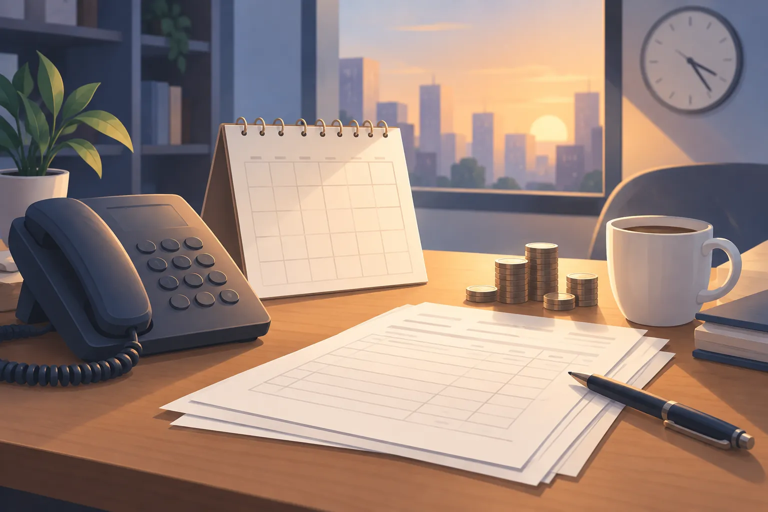A plain telephone beside a blank calendar and unmarked transaction sheets, lit to suggest time spent reviewing accounts