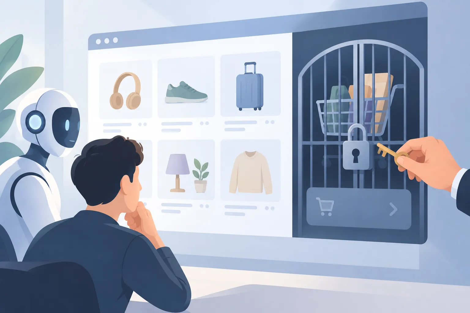 A person faces a generic booking and shopping screen as a locked gate blocks completion and a hand moves to intervene