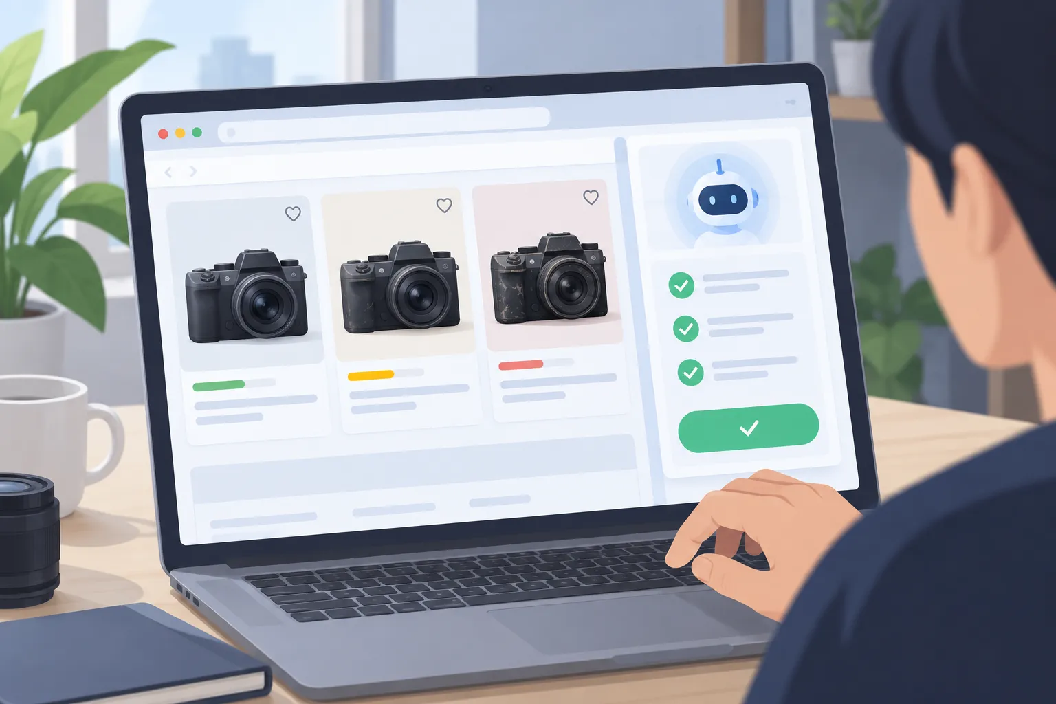 Generic camera listings, browser activity and an approval panel on a screen as a hand pauses to review