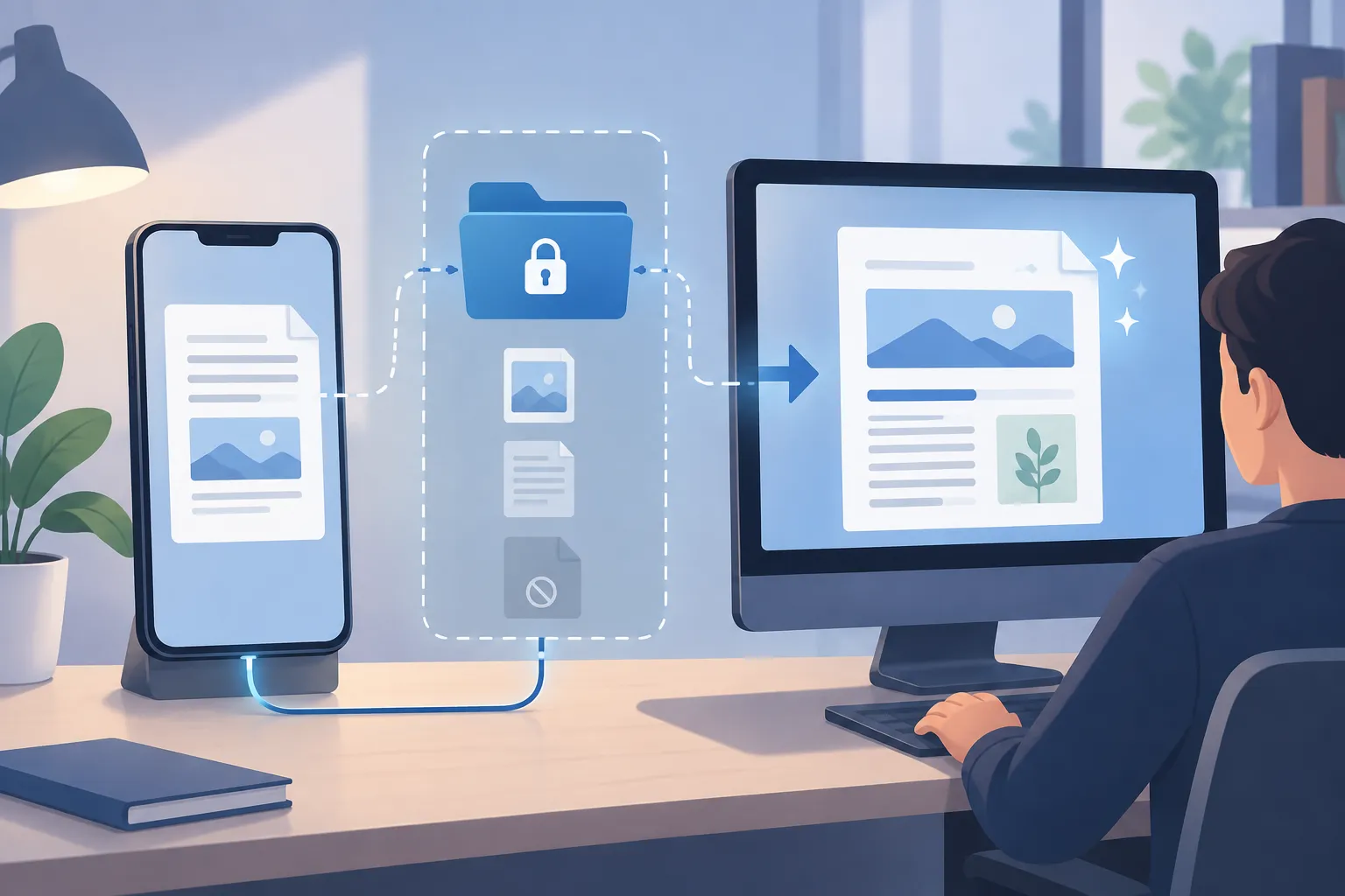 Smartphone connected to a desktop computer as a document gains a revised layout inside a limited folder