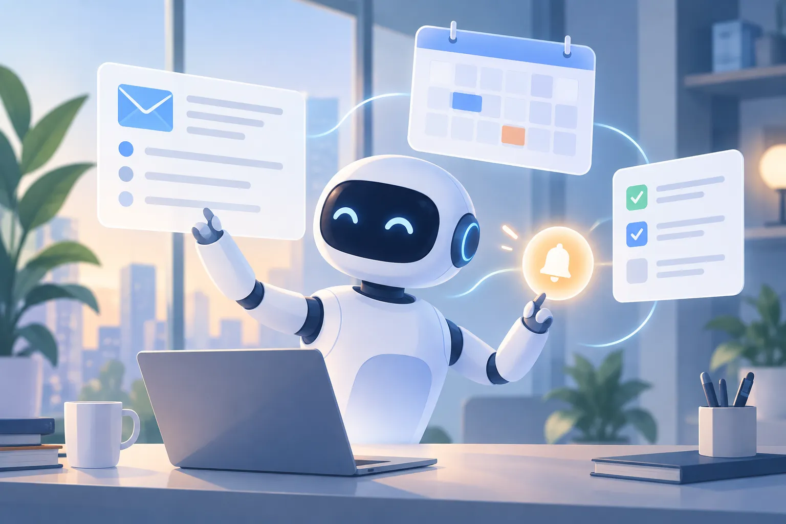 Abstract AI assistant coordinating email, calendar and task cards with a subtle glowing reminder