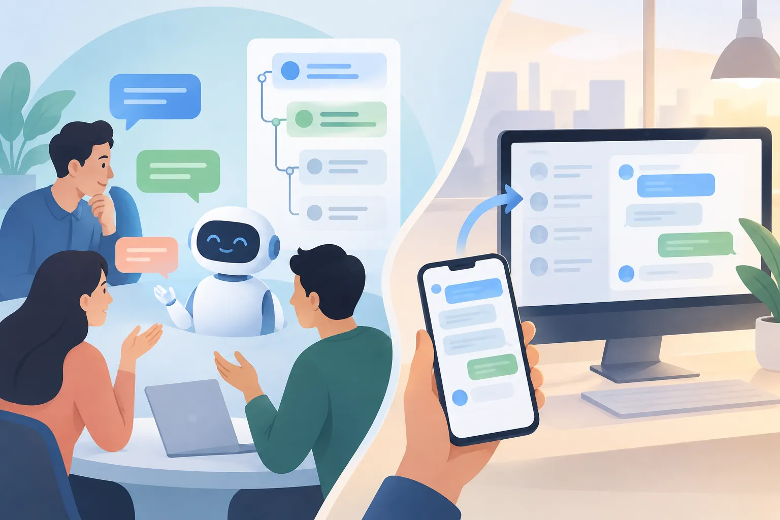 Abstract team messages forming a reply thread beside a phone message mirrored in a desktop conversation panel