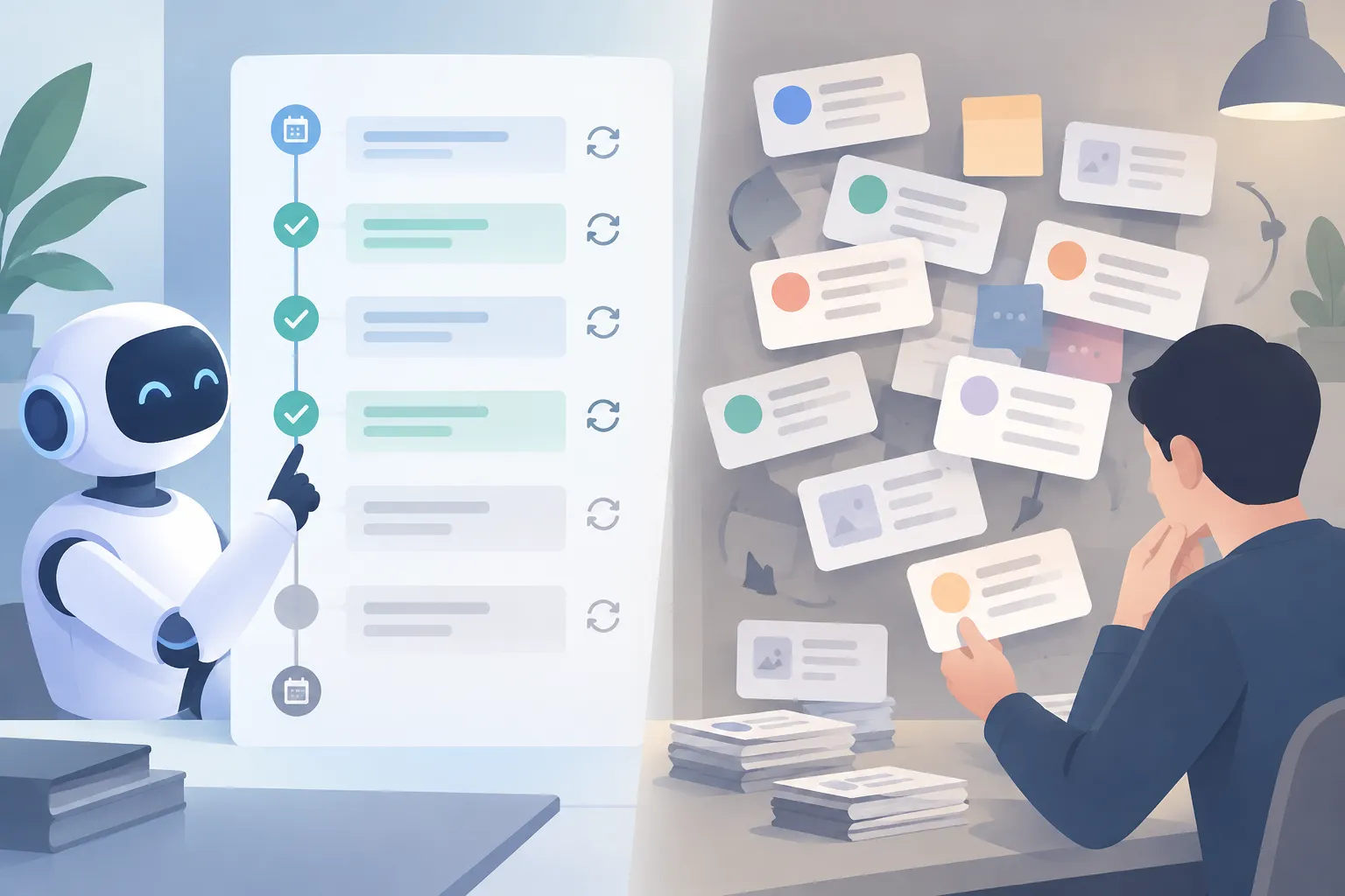 An orderly recurring-task timeline with review points beside scattered project conversation cards needing manual sorting
