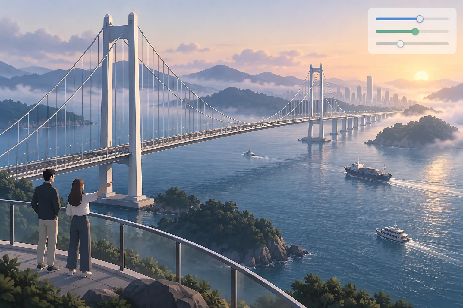 A suspension bridge spans a calm bay with boats, fog, rippling water, and blank control sliders