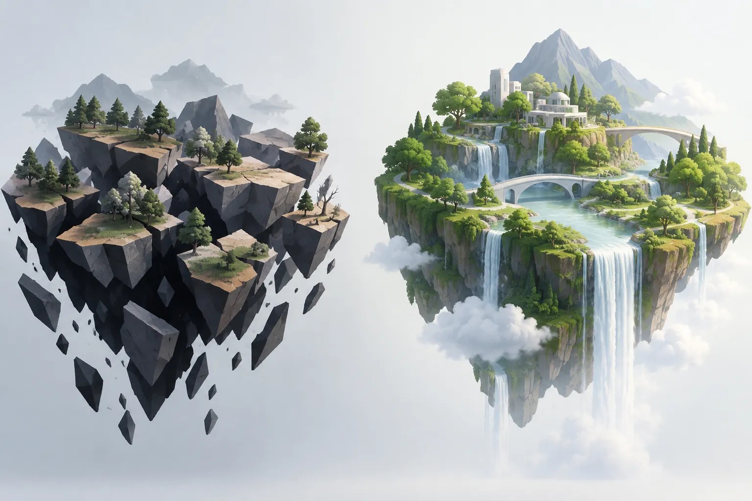 Fragmented floating terrain and tangled trees beside a cohesive island with terraces and waterfalls