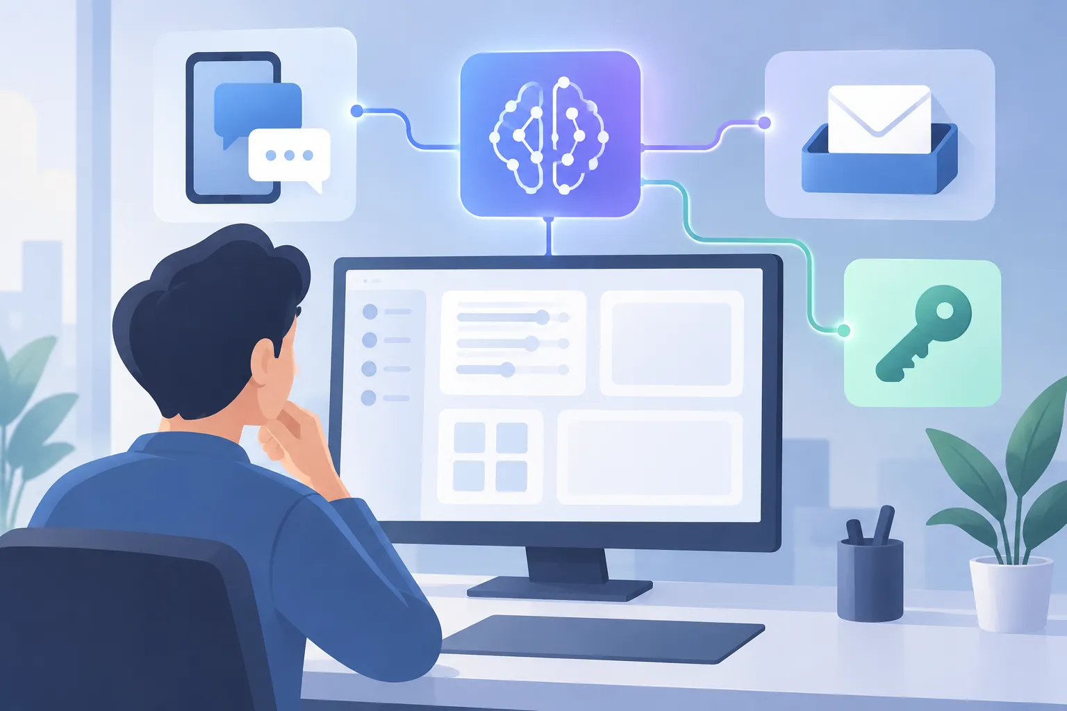 A blank dashboard shows separate connections for an AI model, messaging device, mail tray, and secure key