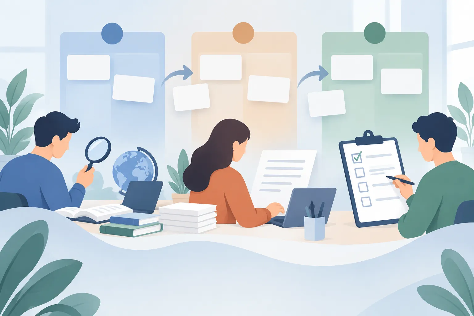 Three abstract workers move blank task cards through research, drafting, and review on a shared board