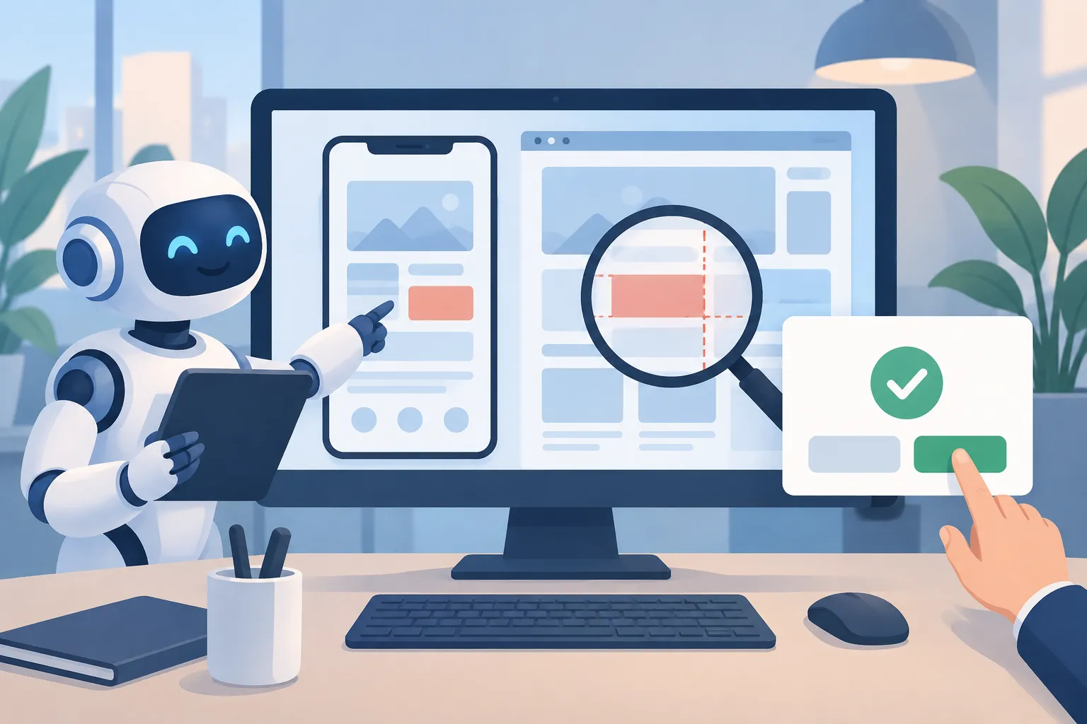 A robot testing an app on a monitor while a confirmation dialog waits for a person to approve