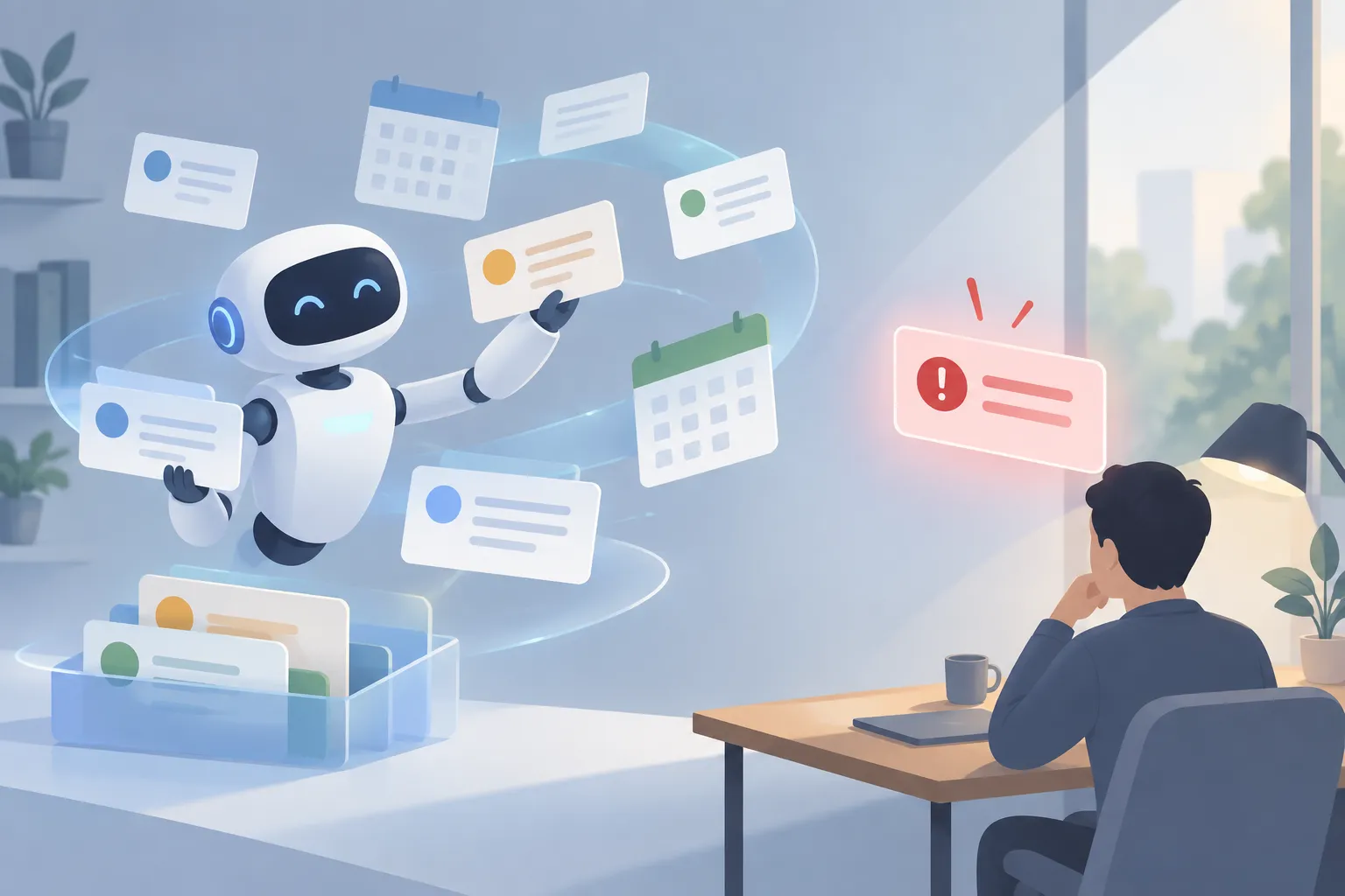 Abstract assistant sorts message cards and calendar shapes, leaving one urgent alert apart from a quiet desk