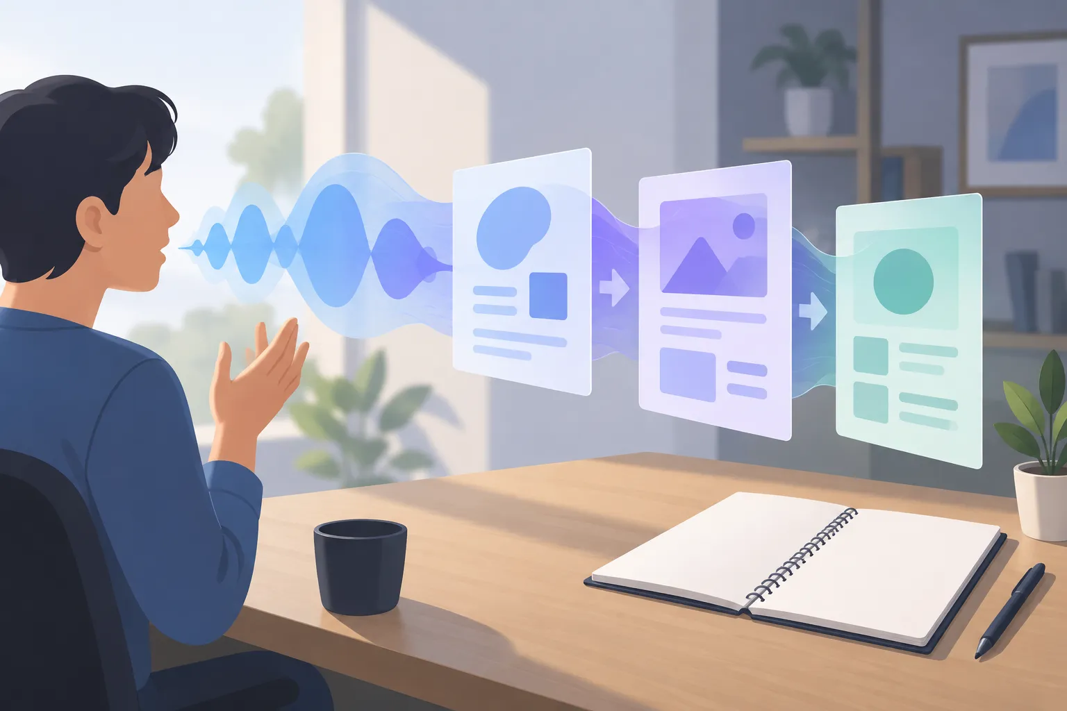 Unlabeled sound waves lead to successive software prototypes beside an empty notebook on a desk