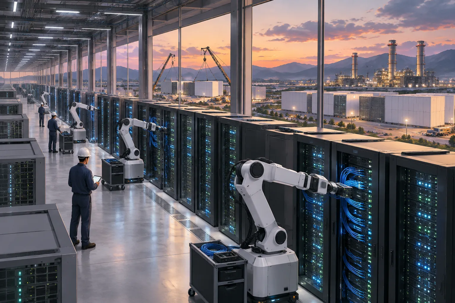 A large data center hall where robotic arms arrange network cables, with modular buildings and gas turbines outside