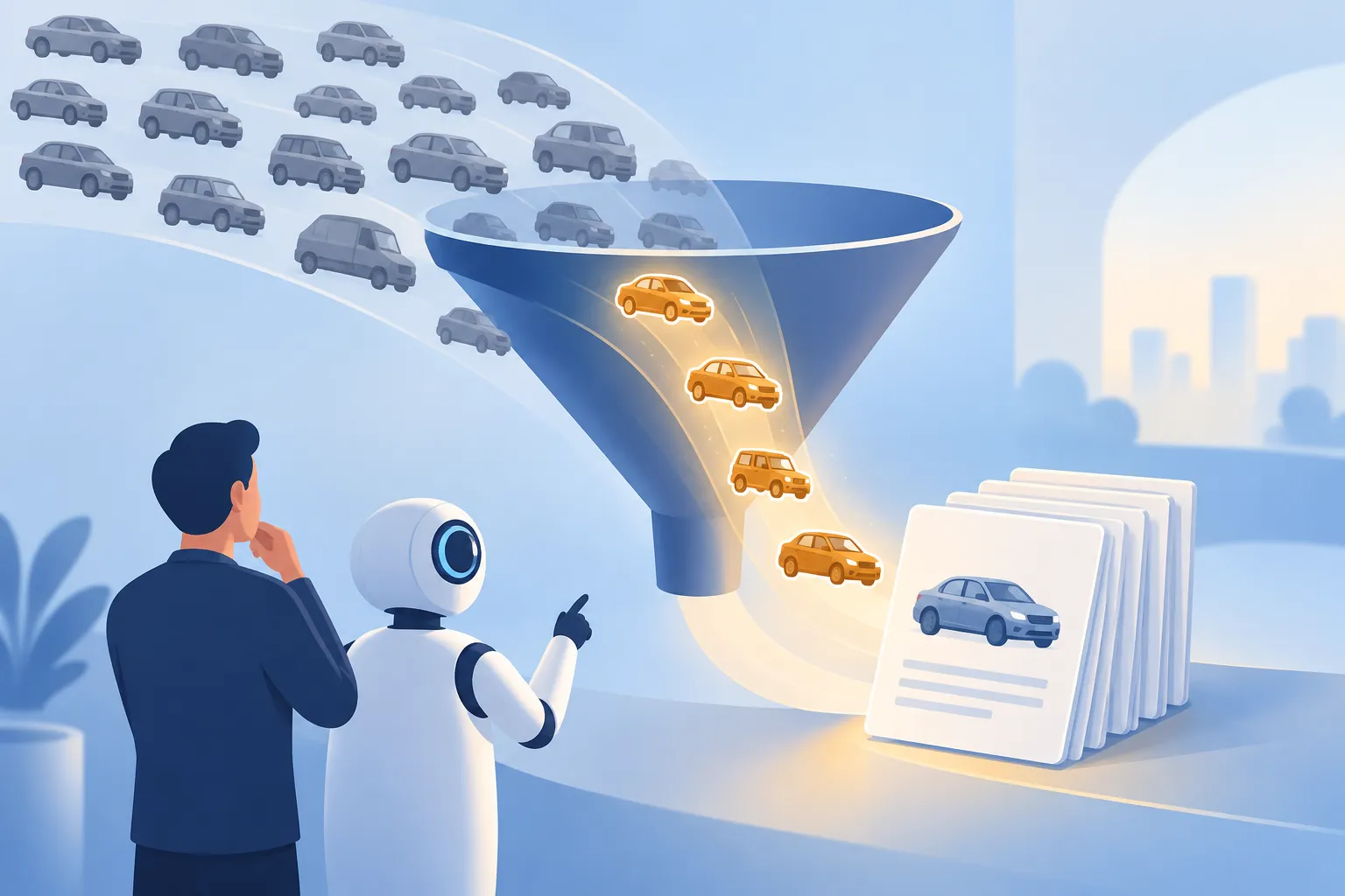 A funnel sorting many car silhouettes so only high-demand vehicles pass through to a stack of owner manuals