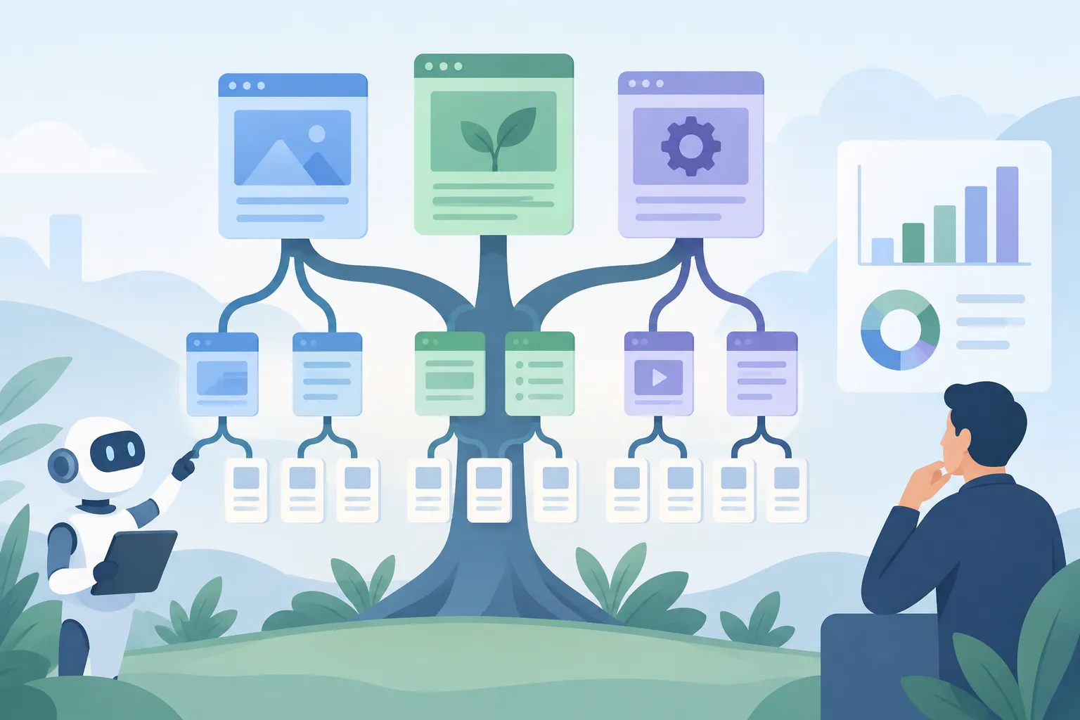 A website shown as a tree of large pillar blocks and smaller hub blocks beside a dashboard with bar charts