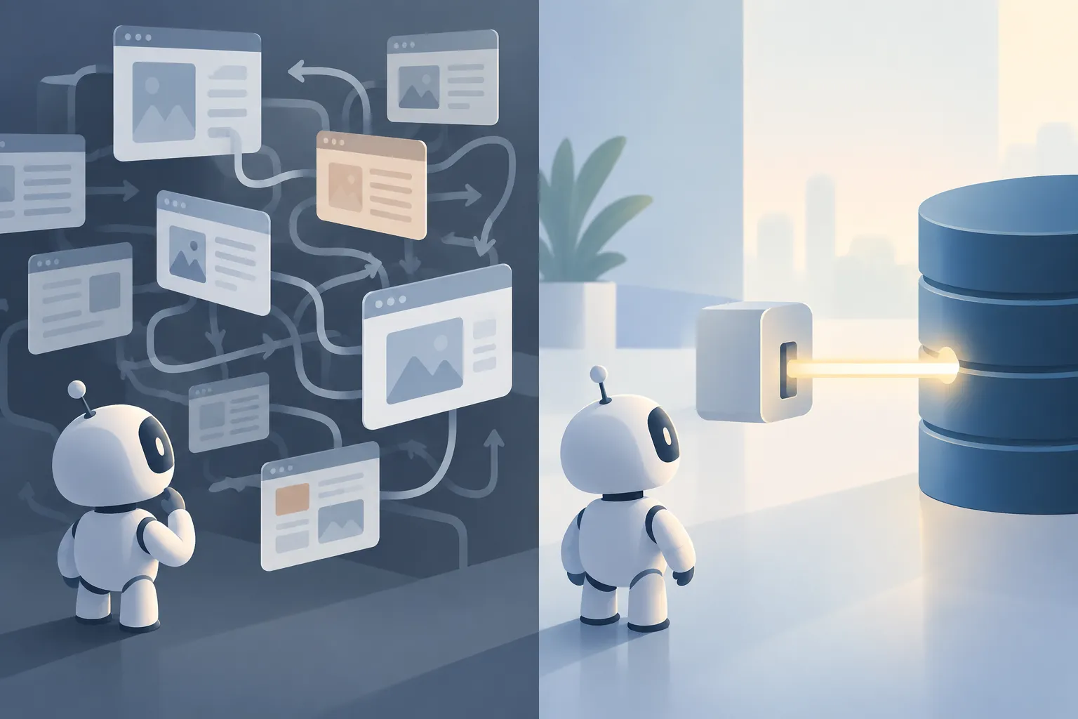 A robot lost among browser windows on one side and the same robot connecting straight to a database on the other